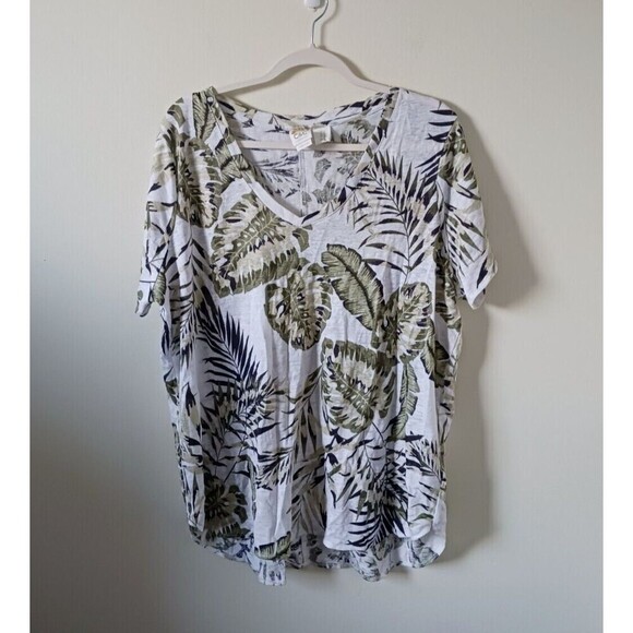 C&C California 100% Linen Blouse Top Floral Tropical Short Sleeve White Green1X - Picture 1 of 4